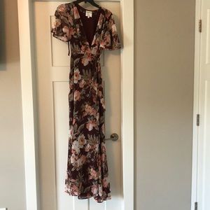 Privacy Please maroon floral maxi wrap dress